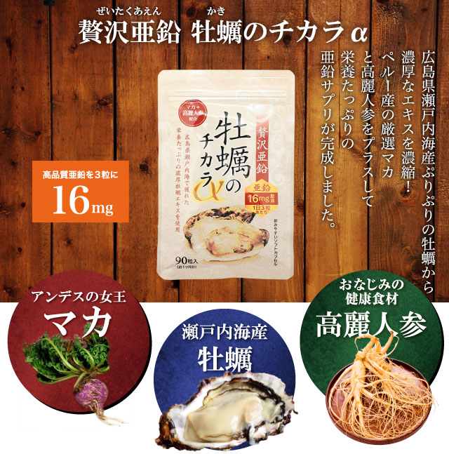 亜鉛サプリメント・牡蠣のチカラαでは、1日3粒で亜鉛16mgを摂ることができます。