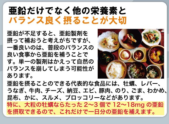 亜鉛だけでなく他の栄養素とバランス良く摂ることが大切です。