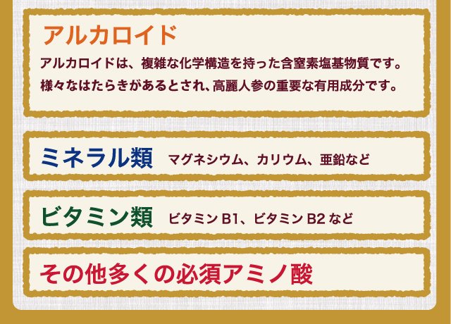 他にも高麗人参はアルカロイド、ミネラル、ビタミンや必須アミノ酸を含んでいます。
