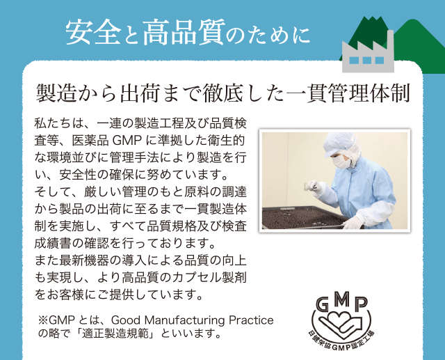 安全のために徹底した管理体制のもと、亜鉛サプリメント・牡蠣のチカラαを作っています。