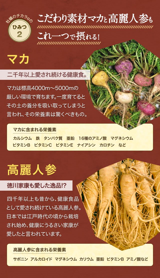 亜鉛サプリメント・牡蠣のチカラαではこだわり素材マカと高麗人参もこれ一つで摂れる！